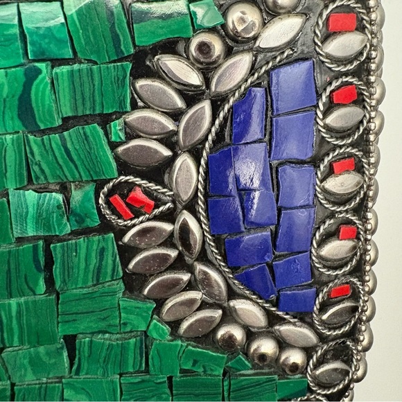 Handmade Mosaic Stone Clutch – Green Red Blue Inlay – NEW Artisanal Evening Bag - Picture 5 of 10